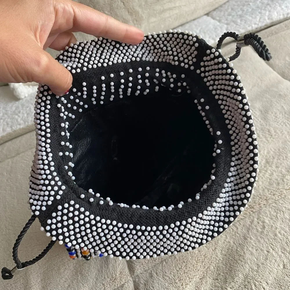 Vintage Colorful Beaded Black Drawstring Bag - 1970s Bingo Bag